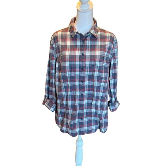 Duluth Trading Company Free Range Organic Cotton Shirt Red Gray Plaid Womens XL - Picture 1 of 9